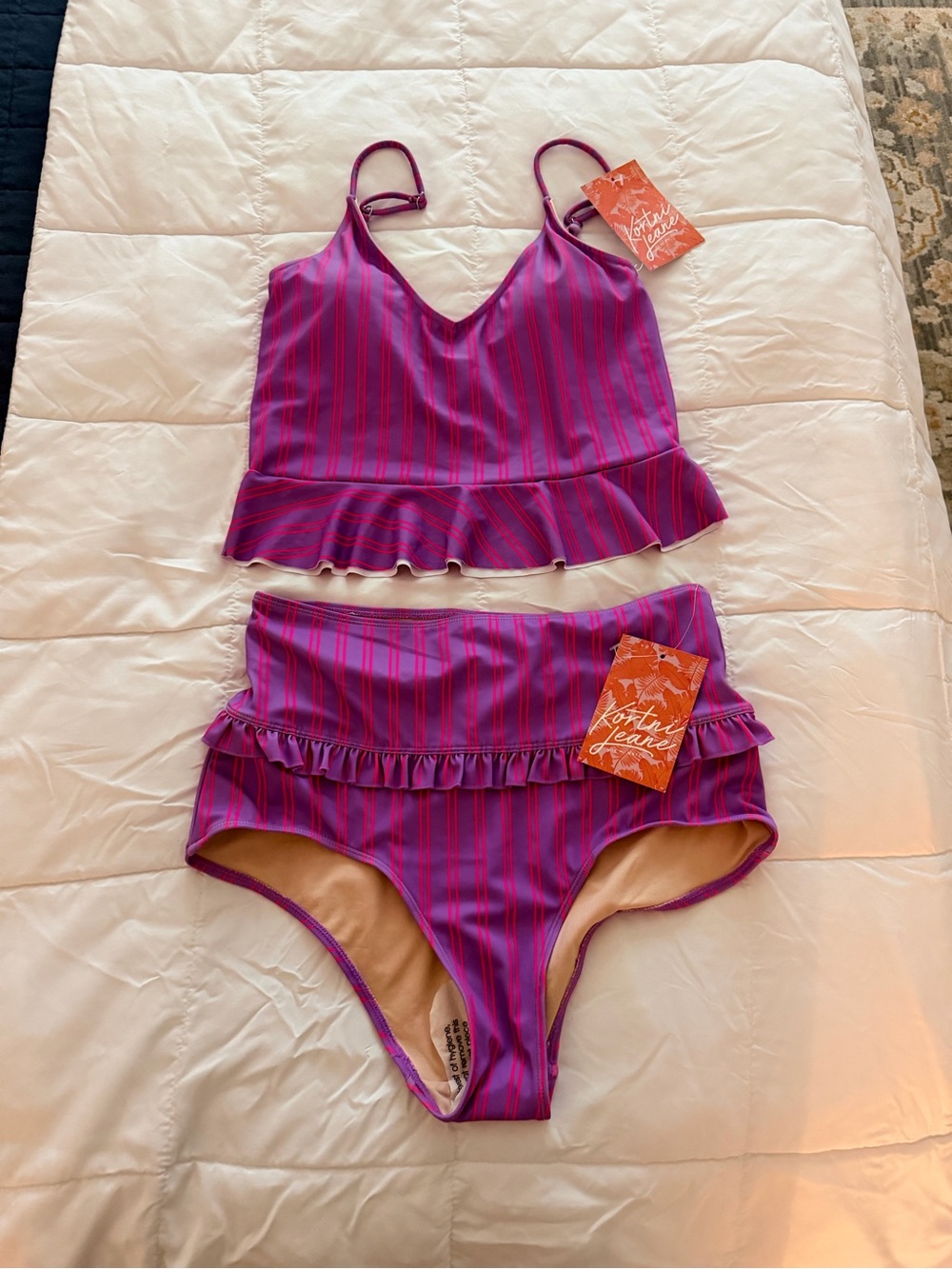 Kortni Jeane Pink and Purple Striped Ruffle Two-Piece Swimsuit
